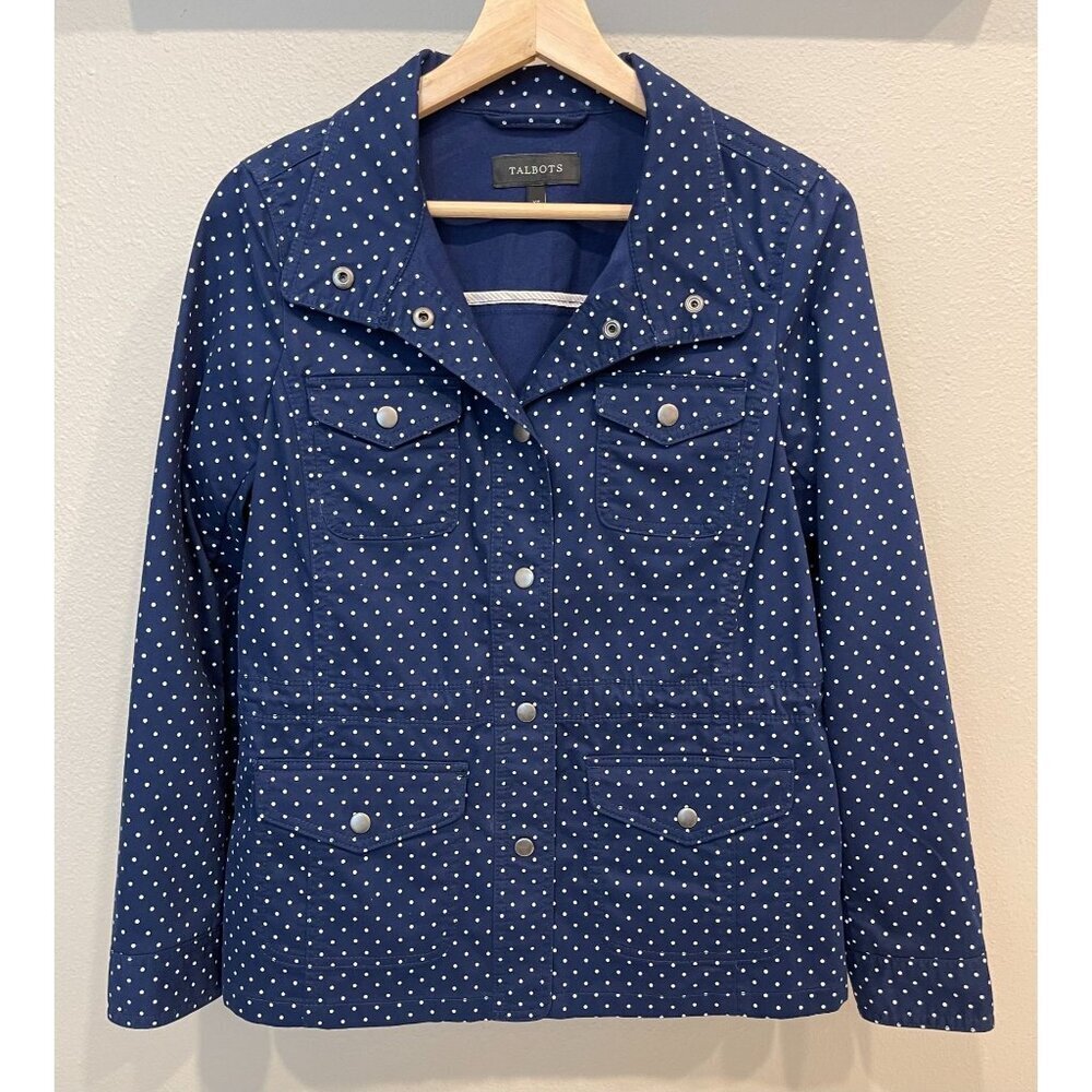 Talbots Womens Navy Blue Snap Front Jacket XS Polka Dot Utility Long Sleeves